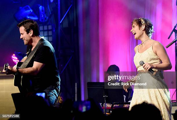Charles Esten and Clare Bowen of ABC's "Nashville" perform onstage during the 2016 NHL All-Star Fan Fair - Day 3 on January 30, 2016 in Nashville,...