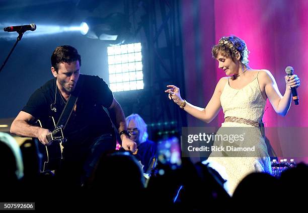 Charles Esten and Clare Bowen of ABC's "Nashville" perform onstage during the 2016 NHL All-Star Fan Fair - Day 3 on January 30, 2016 in Nashville,...