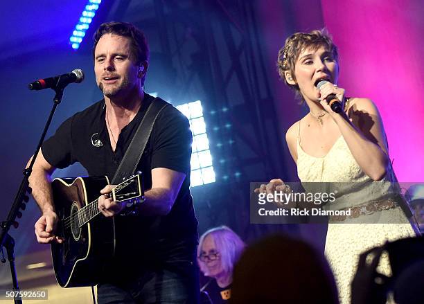 Charles Esten and Clare Bowen of ABC's "Nashville" perform onstage during the 2016 NHL All-Star Fan Fair - Day 3 on January 30, 2016 in Nashville,...