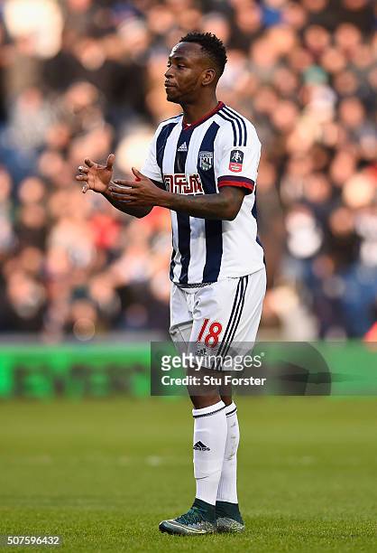 Saido Berahino of West Bromwich Albion reacts during The Emirates FA Cup Fourth Round match between West Bromwich Albion and Peterborough United at...