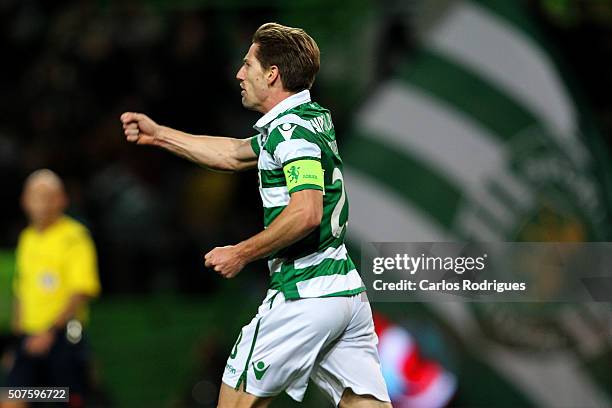 Sporting's midfielder Adrien Silva celebrates scoring Sporting's first goal during the match between Sporting CP and A Academica de Coimbra for the...