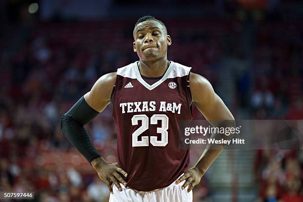 Danuel House of the Texas A&M Aggies looking unhappy during a game against the Arkansas Razorbacks at Bud Walton Arena on January 27, 2016 in...