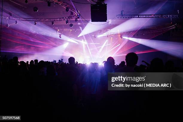 silhouette crowd facing stage at music festival - andare in discoteca foto e immagini stock