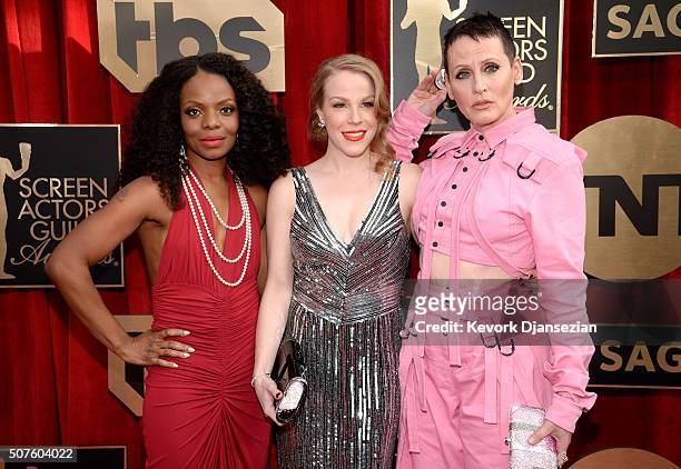Actresses Marsha Stephanie Blake, Emma Myles and Lori Petty attend the 22nd Annual Screen Actors Guild Awards at The Shrine Auditorium on January 30,...