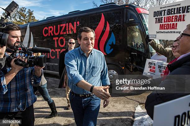 Republican presidential candidate Sen. Ted Cruz arrives at a campaign event at the Gateway Hotel on January 30, 2016 in Ames, Iowa. The Democratic...