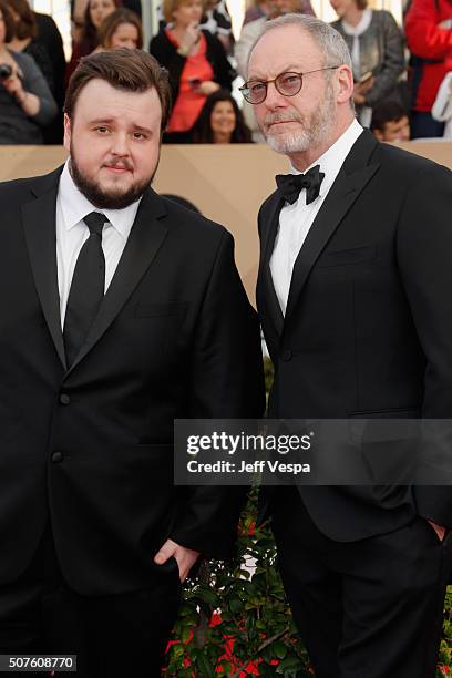Actors John Bradley-West and Liam Cunningham attend the 22nd Annual Screen Actors Guild Awards at The Shrine Auditorium on January 30, 2016 in Los...