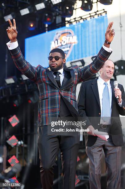 Subban of the Montreal Canadiens acknowledges the fans from the stage after walking the red carpet prior to the Honda NHL All-Star Skill Competition...