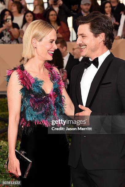 Actress Sarah Paulson and actor Pedro Pascal attend The 22nd Annual Screen Actors Guild Awards at The Shrine Auditorium on January 30, 2016 in Los...