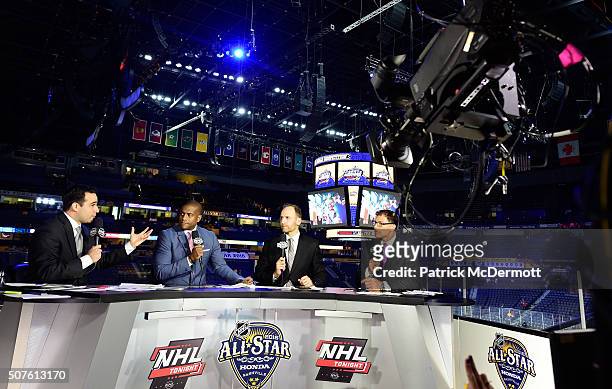Network commentators Tony Luftman, Kevin Weekes, Mike Rupp and Scott Stevens speak during the 2016 Honda NHL All-Star Skill Competition as part of...