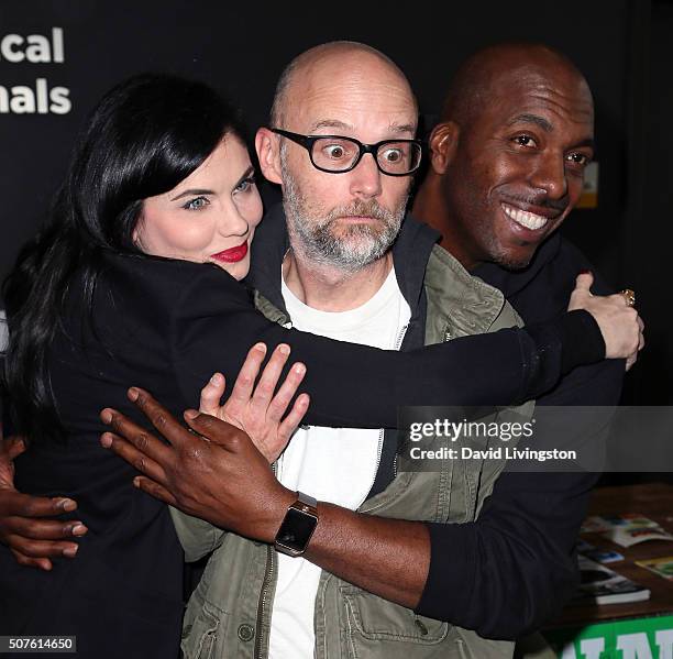 Actress Jodi Lyn O'Keefe, musician Moby and talk show host John Salley attend the PETA Super Bowl Party at PETA's Bob Barker Building on January 30,...