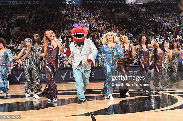 The Toronto Raptors dance team performs during the game against the Detroit Pistonson January 30, 2016 at the Air Canada Centre in Toronto, Ontario,...