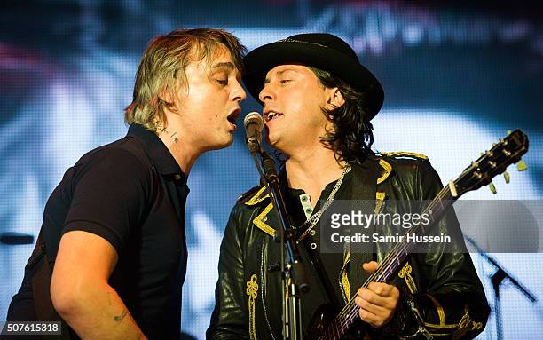 Pete Doherty and Carl Barat of The Libertines perform at The O2 Arena on January 30, 2016 in London, England.