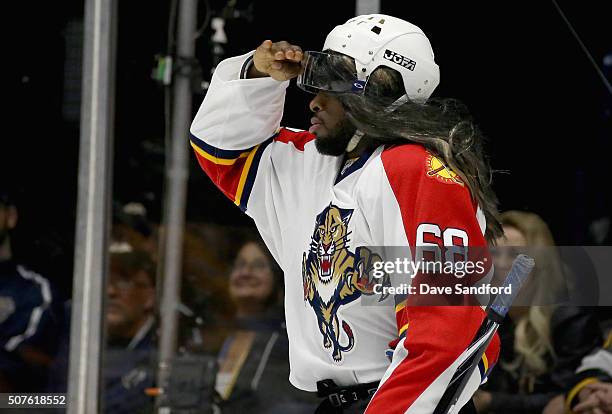 Subban of the Montreal Canadiens reacts during the Honda NHL Breakaway Challenge during 2016 Honda NHL All-Star Skill Competition at Bridgestone...