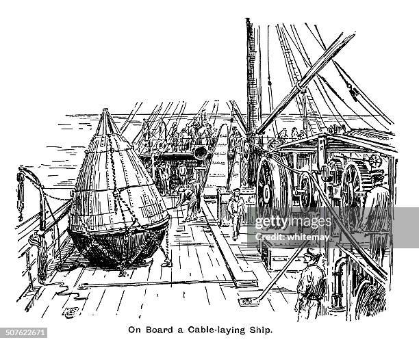 on board a victorian cable-laying ship - cable installation stock illustrations