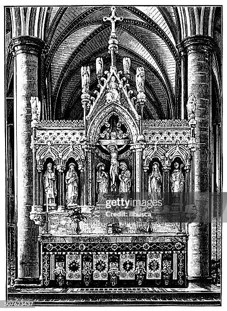 antique illustration of reredos, salisbury cathedral - salisbury cathedral stock illustrations
