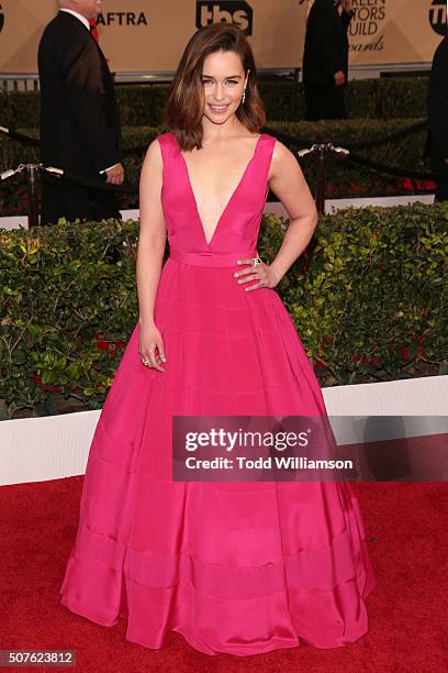 Actress Emilia Clarke attends the 22nd Annual Screen Actors Guild Awards at The Shrine Auditorium on January 30, 2016 in Los Angeles, California.