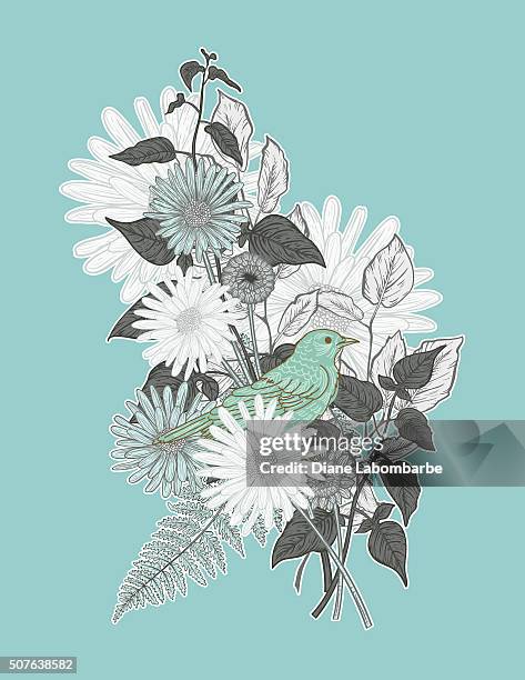 botanischer blumen und zweige mit å niedlich vogel befindet sich im - gerbera daisy stock-grafiken, -clipart, -cartoons und -symbole