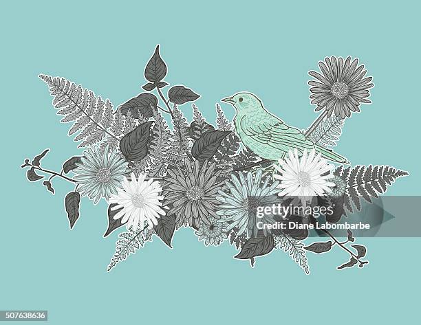 botanical flowers and branches with å cute bird perched inside - landscape design stock illustrations