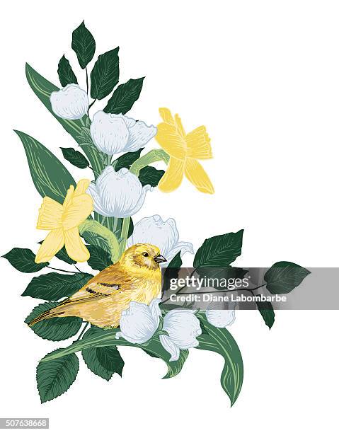 botanical flowers and branches with å cute bird perched inside - landscape design stock illustrations