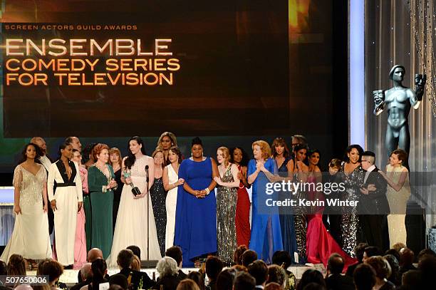 The cast of 'Orange Is The New Black' accept the award for Oustanding Ensemble in a Comedy Series onstage during The 22nd Annual Screen Actors Guild...