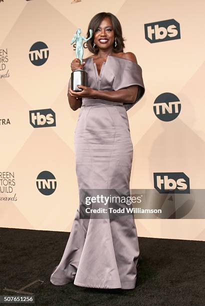 Actress Viola Davis, winner for Outstanding Performance By a Female Actor in a Drama Series 'How to Get Away With Murder' poses in the press room...