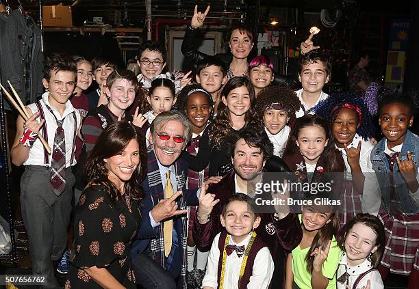 Geraldo Rivera wife Erica Michelle Levy and daughter Sol Liliana Rivera pose with the cast backstage at the matinee of Andrew Lloyd Webber hit...