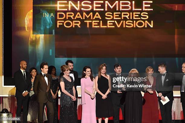 The cast of Downton Abbey accepts the Ensemble in a Drama Series award onstage during The 22nd Annual Screen Actors Guild Awards at The Shrine...