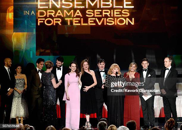 Actors Allen Leech, Tom Cullen, Sophie McShera, Raquel Cassidy, Julian Ovenden, Jeremy Swift, Lesley Nicol, Kevin Doyle, and Joanne Froggatt accept...