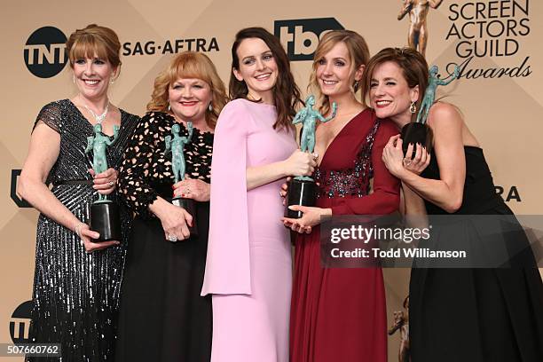 Actors Phyllis Logan, Lesley Nicol, Sophie McShera, Joanne Froggatt, and Raquel Cassidy winners for Outstanding Performance By an Ensemble in a Drama...