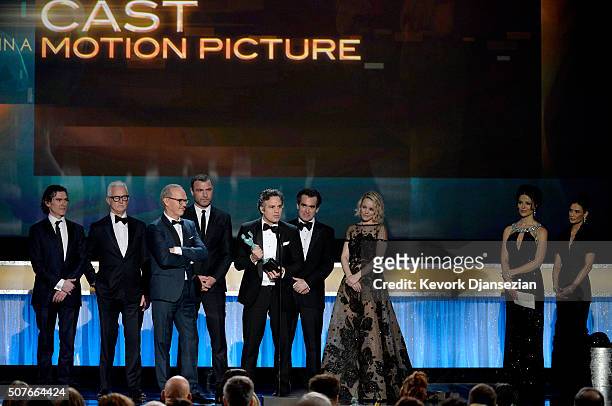 Actors Billy Crudup, John Slattery, Michael Keaton, Liev Schreiber, Mark Ruffalo, Brian d'Arcy James, and Rachel McAdams accept Outstanding...