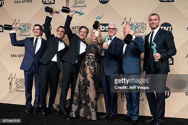 Actors Billy Crudup, Brian d'Arcy James, Mark Ruffalo, Rachel McAdams, John Slattery, Michael Keaton and Liev Schreiber, co-winners of the...
