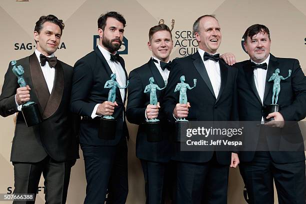 Actors Julian Ovenden, Tom Cullen, Allen Leech, Kevin Doyle, and Jeremy Swift, co-winners of the Outstanding Performance by an Ensemble in a Drama...