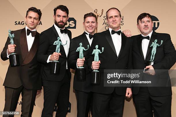 Actors Julian Ovenden, Tom Cullen, Allen Leech, Kevin Doyle, and Jeremy Swift, co-winners of the Outstanding Performance by an Ensemble in a Drama...