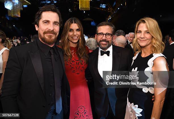 Actors Christian Bale, Sibi Blazic, Steve Carell and Nancy Carell pose during The 22nd Annual Screen Actors Guild Awards at The Shrine Auditorium on...