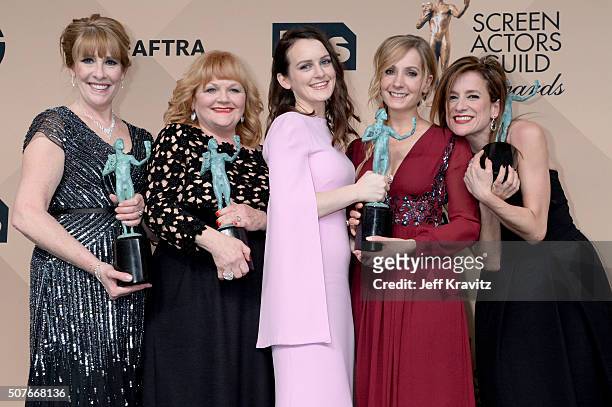 Actors Phyllis Logan, Lesley Nicol, Sophie McShera, Joanne Froggatt, and Raquel Cassidy, winners for the Outstanding Performance By an Ensemble in a...