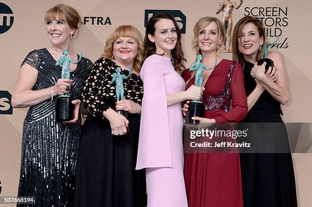Actors Phyllis Logan, Lesley Nicol, Sophie McShera, Joanne Froggatt, and Raquel Cassidy, winners for the Outstanding Performance By an Ensemble in a...