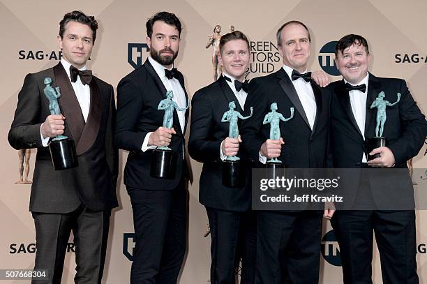 Actors Julian Ovenden, Tom Cullen, Allen Leech, Kevin Doyle, and Jeremy Swift, winners of the Outstanding Performance by an Ensemble in a Drama...