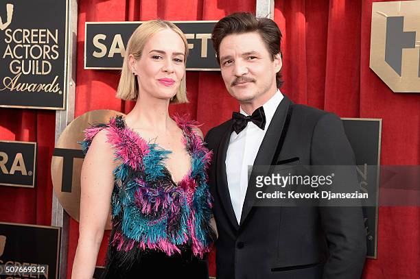 Actors Sarah Paulson and Pedro Pascal attend the 22nd Annual Screen Actors Guild Awards at The Shrine Auditorium on January 30, 2016 in Los Angeles,...