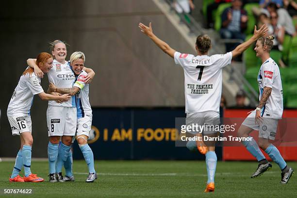 Kim Little of Melbourne City celebrates a goal with team mates during the 2016 W-League Grand Final match between Melbourne Victory and Sydney FC at...