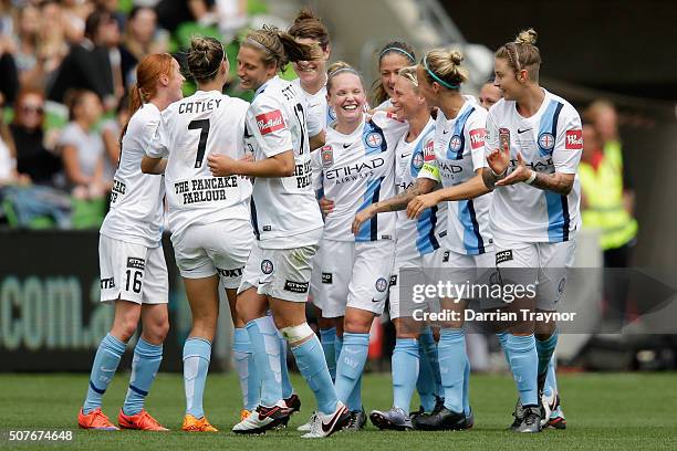 Kim Little of Melbourne City celebrates a goal with team mates during the 2016 W-League Grand Final match between Melbourne Victory and Sydney FC at...