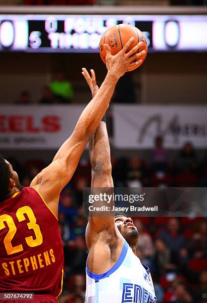 Alex Stepheson of the Iowa Energy and DJ Stephens of the Canton Charge with the opening tip in an NBA D-League game on January 30, 2016 at the Wells...