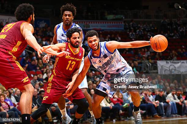 Andrew Harrison of the Iowa Energy works his way towards the basket against Jorge Gutierrez of the Canton Charge in an NBA D-League game on January...