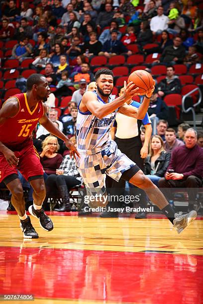 Andrew Harrison of the Iowa Energy drives into the paint past Sir'Dominic Pointer of the Canton Charge in an NBA D-League game on January 30, 2016 at...