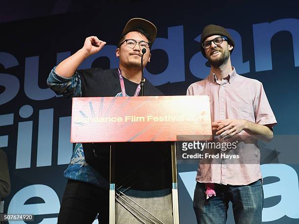 Writers/directors Dan Kwan and Daniel Scheinert accept the Directing Award: U.S. Dramatic for the film Swiss Army Man, onstage at the Sundance Film...