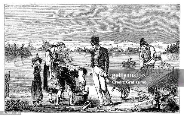 family panning for gold on surface mine germany 1849 - karlsruhe stock illustrations