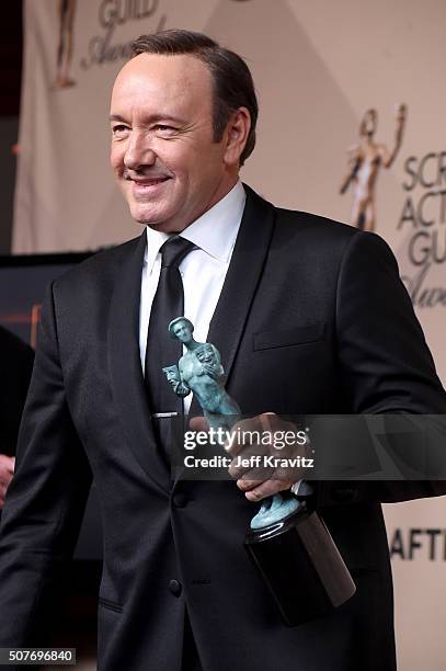 Actor Kevin Spacey poses with award in the press room during the 22nd Annual Screen Actors Guild Awards at The Shrine Auditorium on January 30, 2016...