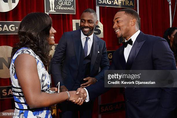 Isan Elba and actors Idris Elba and Anthony Mackie attend the 22nd Annual Screen Actors Guild Awards at The Shrine Auditorium on January 30, 2016 in...