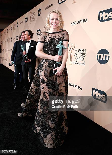 Actress Rachel McAdams, winner of the Outstanding Performance by a Cast in a Motion Picture award for 'Spotlight', poses backstage at The 22nd Annual...