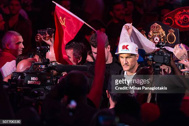 Sergey Kovalev of Russia makes his way to the ring during the WBO, WBA, and IBF light heavyweight world championship match against Jean Pascal of...