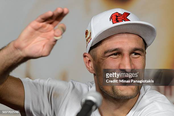 Sergey Kovalev of Russia addresses the media after defeating Jean Pascal of Canada by way of TKO during the WBO, WBA, and IBF light heavyweight world...